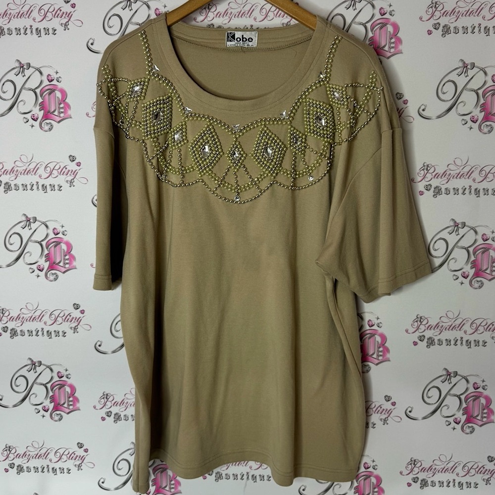 Kobe embroidered beaded diamond neckline top tshirt Tan Embellished Top